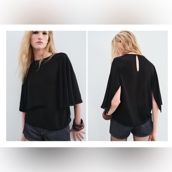 ZARA ZW Collection Black Flowing Cape Sleeve Lightweight Chic Blouse Top Sz L - Picture 1 of 11